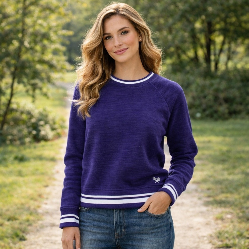 J Crew Vintage Cotton Terry Crewneck Pullover Purple Tennis AW145 Womens L